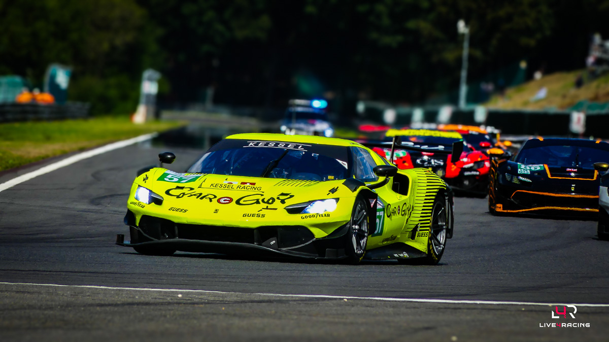 Mathys Jaubert, Takeshi Kimura and Daniel Serra driving a Ferrari 296 LMGT3 Evo at 4 hours of Spa Francorchamps 2026.