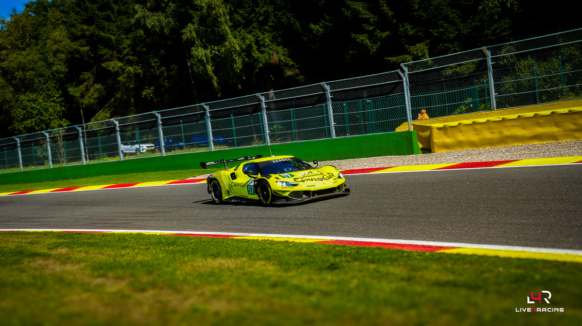 Mathys Jaubert, Takeshi Kimura and Daniel Serra driving a Ferrari 296 LMGT3 Evo at 4 hours of Spa Francorchamps 2026.